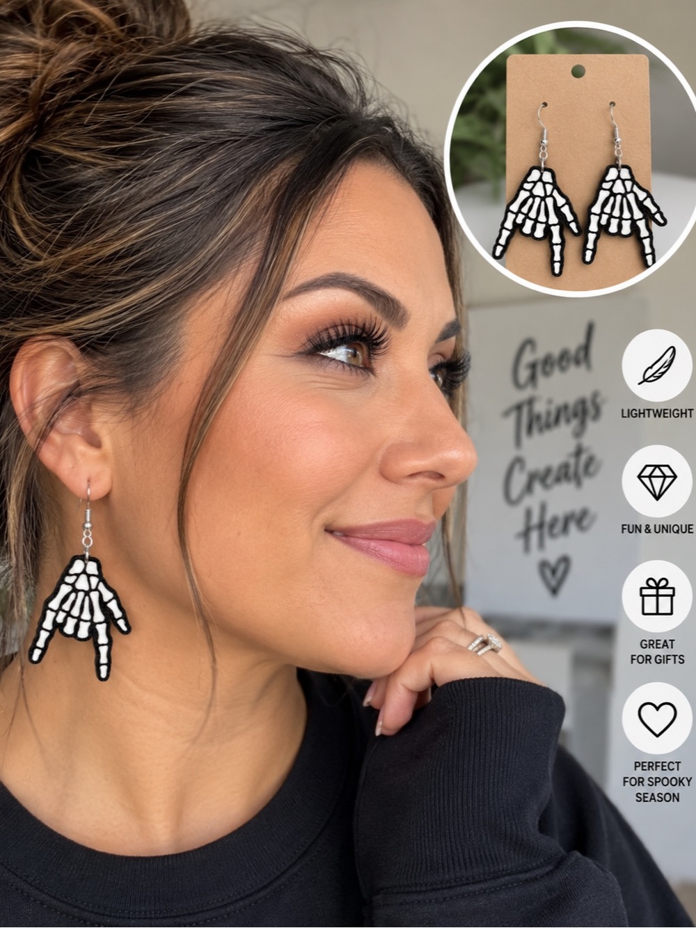Black & White Skeleton Hand Drop Earrings - Women's Halloween Jewelry